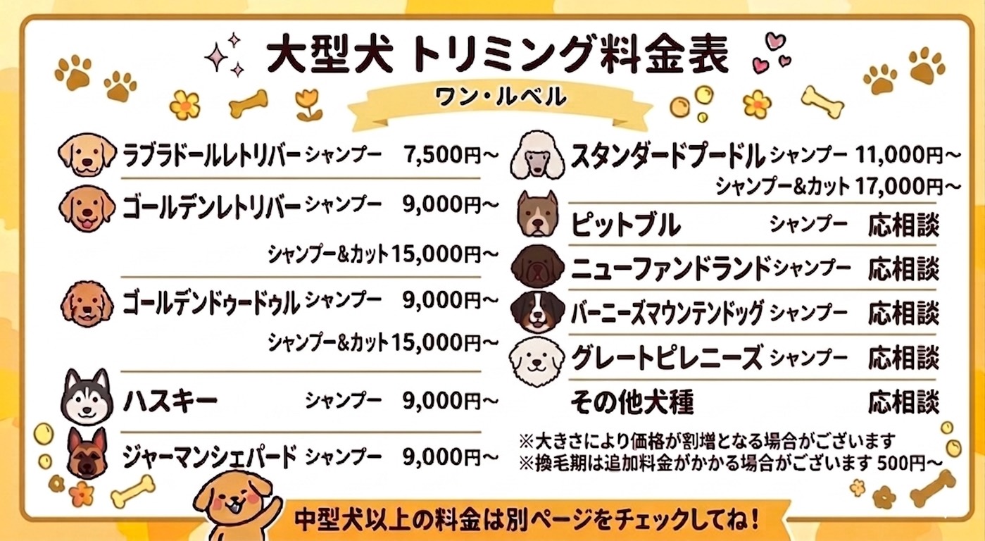 大型犬トリミング料金表