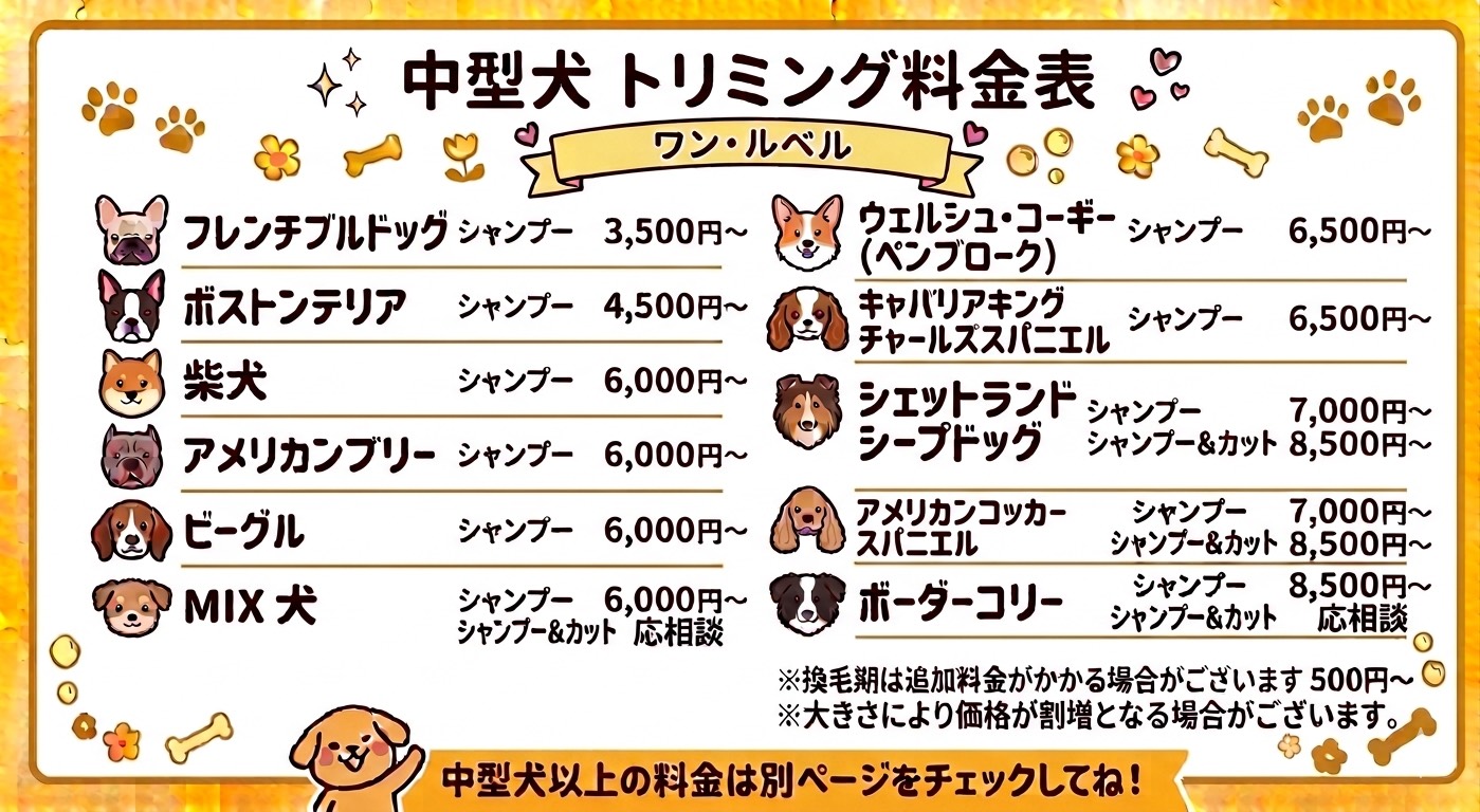 中型犬トリミング料金表
